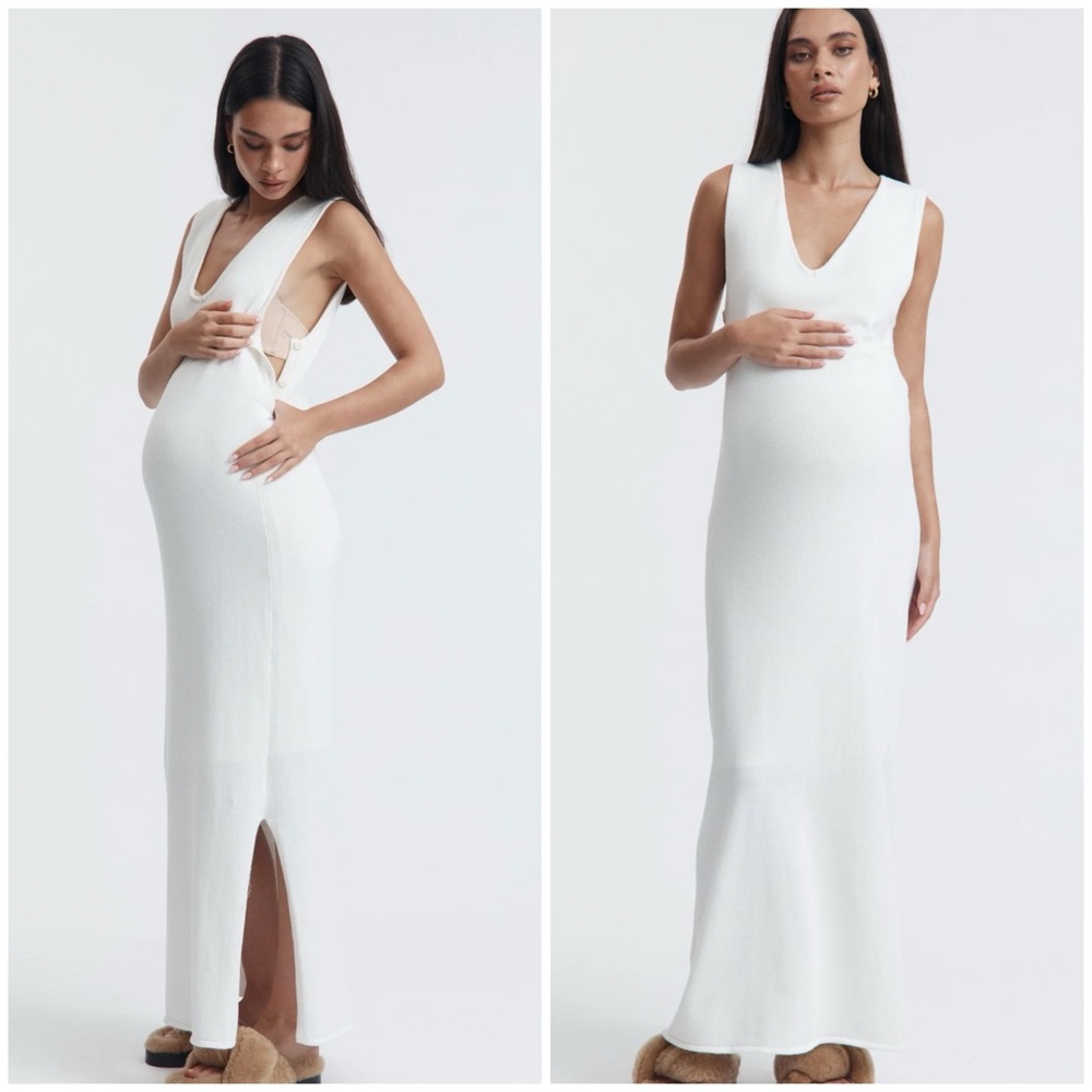 White Maternity Maxi Dress with V-Neck
